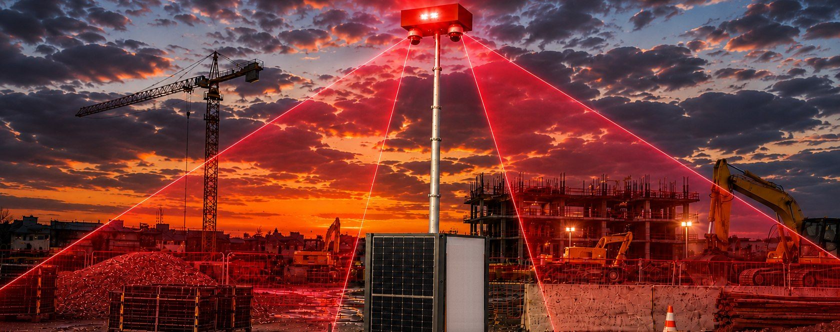 Tour de surveillance autonome en exploitation sur un chantier au crépuscule, flashs de dissuasion actifs